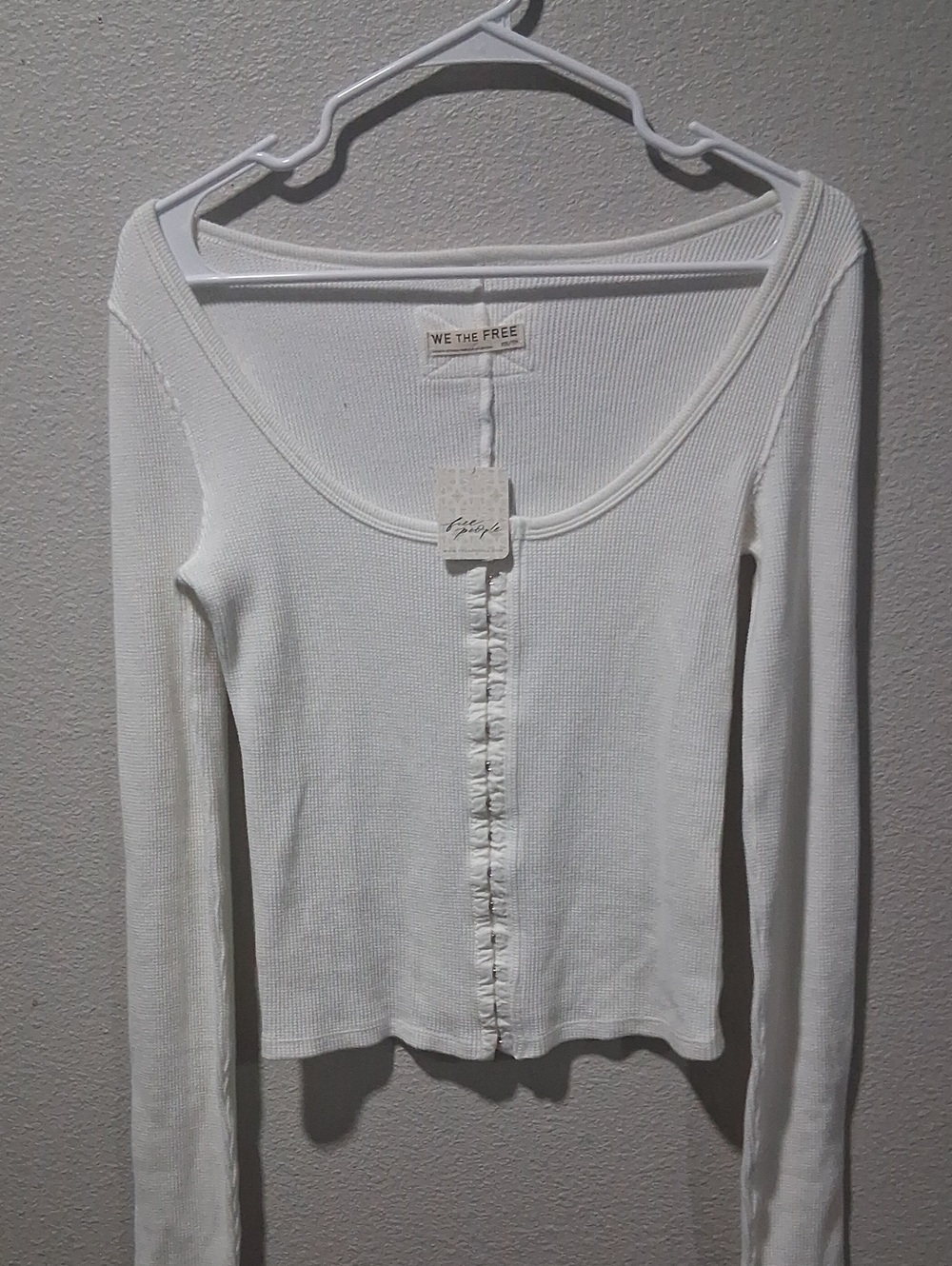 We The Free Cream Ribbed Long-Sleeve Scoop Neck Top with Front Button Trim